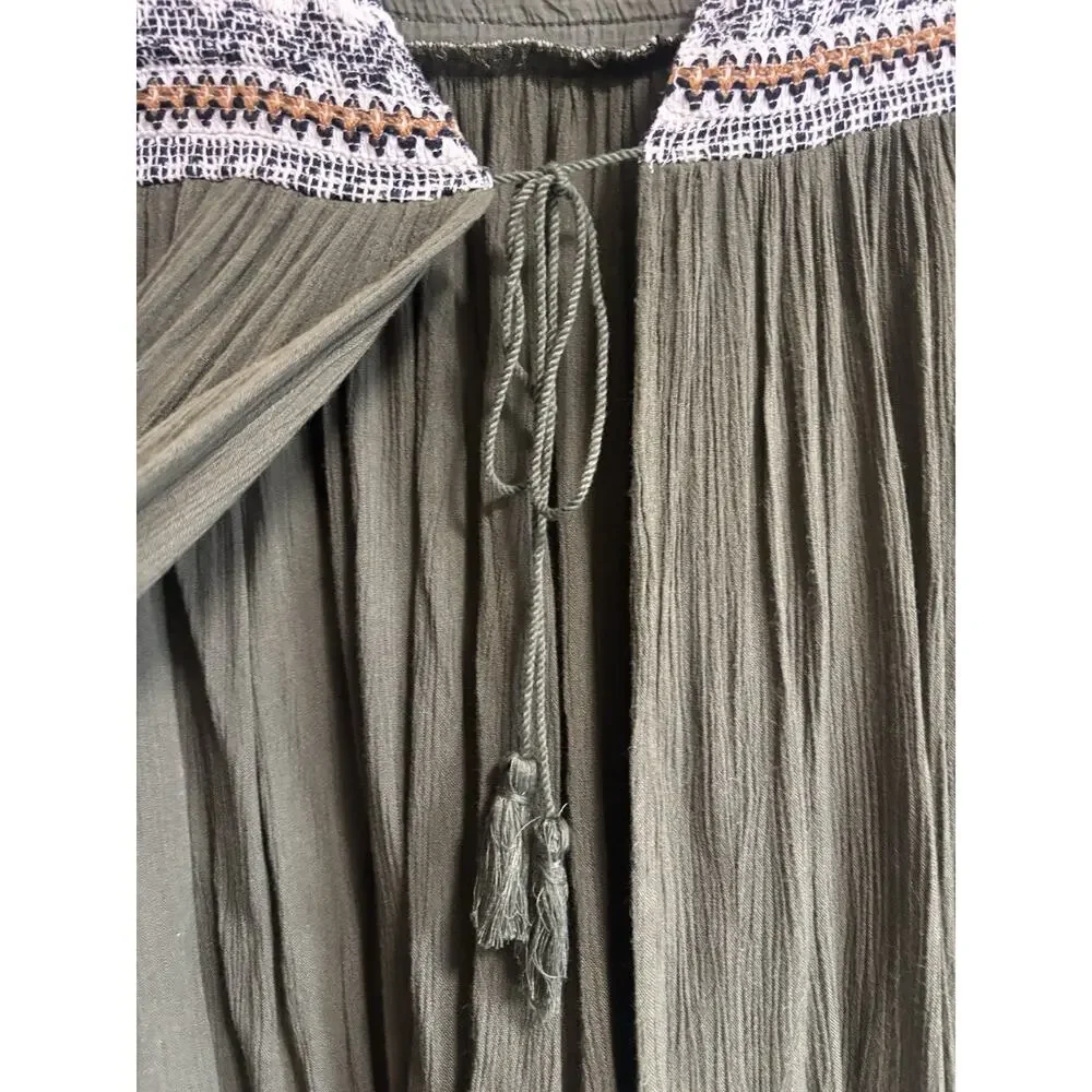 Kimono Cardigan Embroidered Boho Earthy Tassel Gauze Olive Green Tribal Size L